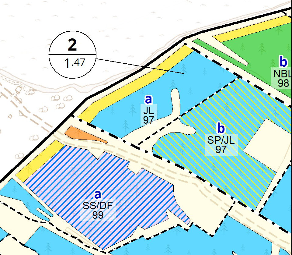 Extract of a Map Maker map showing polygon coverage areas with hatched fill patterns and labels